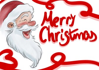 Cute greeting card of Santa Claus laughing with a Merry Christmas lettering and red ribbons for Christmas holidays. Digital illustration design for winter celebration.
