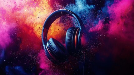 Headphones suspended in a vibrant explosion of color.