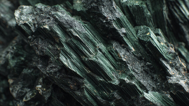 Close-up shot of a rough mineral rock, showcasing its detailed textures and natural beauty. The rock is a dark greenish-blue color, its facets catching the light