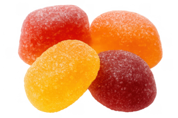 Grouping colorful fruit flavored gummy candies coated in sugar, offering sweet taste and chewiness on transparent background
