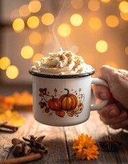 A person is holding a mug with a pumpkin design on it