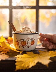 A person is holding a mug with a pumpkin design on it