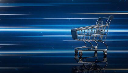 A shopping cart on a reflective surface with a blurred blue background suggesting motion and speed.
