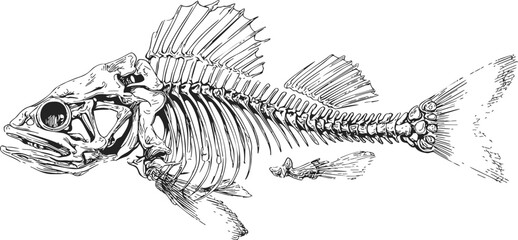 Fish skeleton sketch, hand drawn vector, detailed bones and fins anatomy. Vector illustration