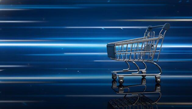 A shopping cart on a reflective surface with a blurred blue background suggesting motion and speed.