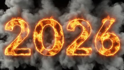 Spectacular glowing year 2026 date engulfed in bright orange fire and dynamic swirling smoke on a dark background for upcoming calendar events