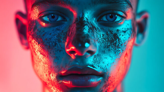 Face of a young adult with symmetrical digital mutations and vibrant skin tones 