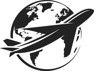 Airplane flying across globe sketch, hand drawn travel concept. Vector illustration