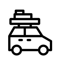 Outline icon of a car with roof luggage for road trip, travel, or delivery.