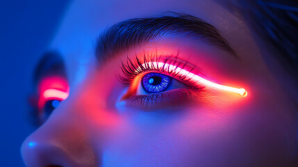 Eyebrows replaced with nano-tubes emitting soft neon glow 