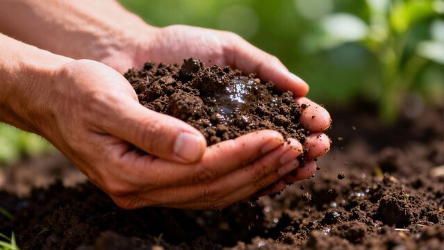Close-up of a pair of hands holding a handful of dark, rich, moist soil with water dripping down against a blurred green background. - Powered by Adobe