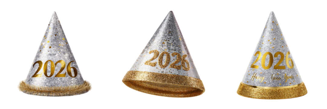 New year celebration 2026 party hats with transparent background festive studio close-up