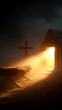 Empty wooden manger and cross standing near a glowing open tomb in a dark cinematic 3D illustration, symbolizing the Christian journey from nativity to resurrection.