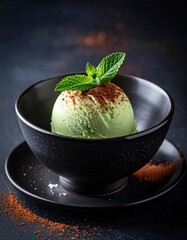 A bowl of ice cream with a green leaf on top