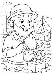 Coloring book Father archaeologist cleaning ancient statue at camp