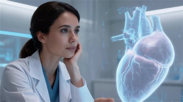 Doctora mirando un holograma flotante de un corazón humano sobre su escritorio