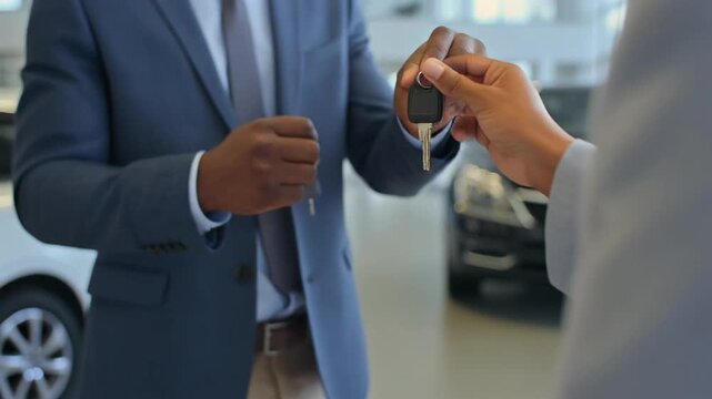 Professional car salesperson facilitating a successful vehicle acquisition, handing over the keys to a satisfied customer in a modern automotive showroom, symbolizing a new ownership journey