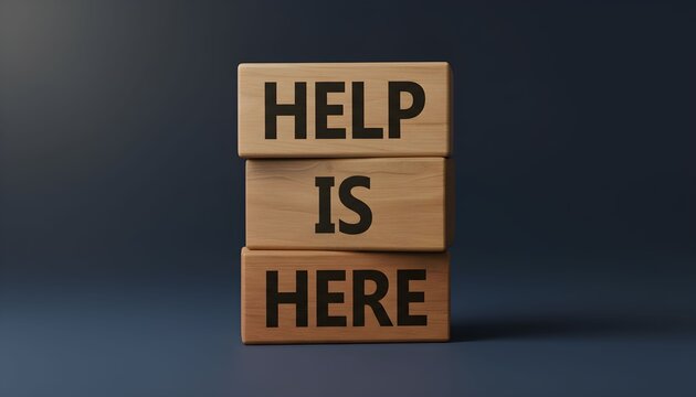 Wooden blocks stacked to spell out "Help is Here" on a dark background.