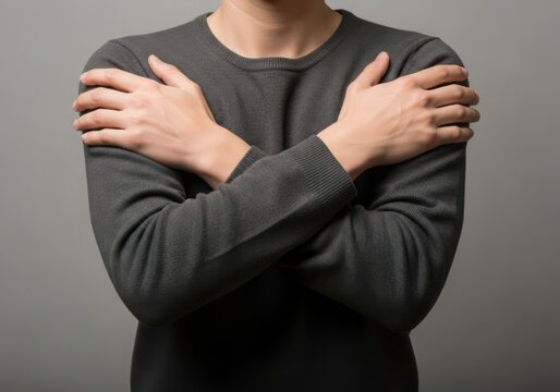 Person hugging themselves with arms crossed against a plain background