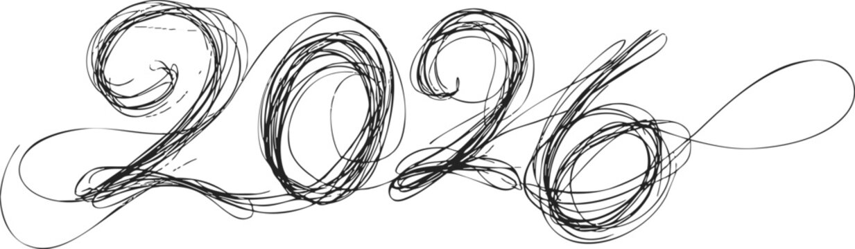 2026 hand drawn sketch numbers with swirling lines. Vector illustration