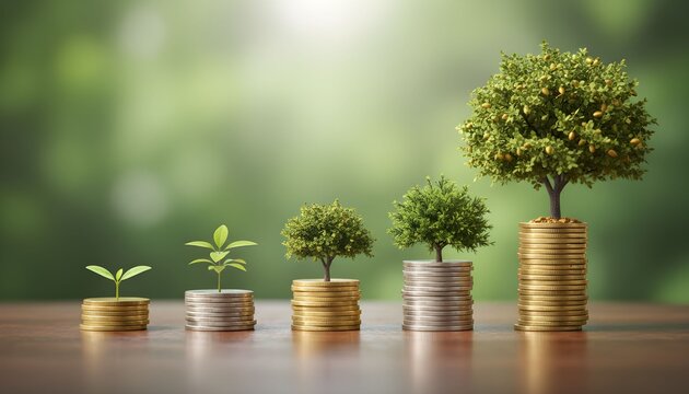 Plants growing on stacks of coins illustrating financial growth and investment over time.