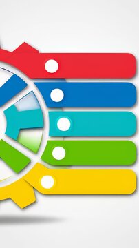 Colorful gear infographic animation showing five process steps with sliding bars, illustrating business workflow strategy.