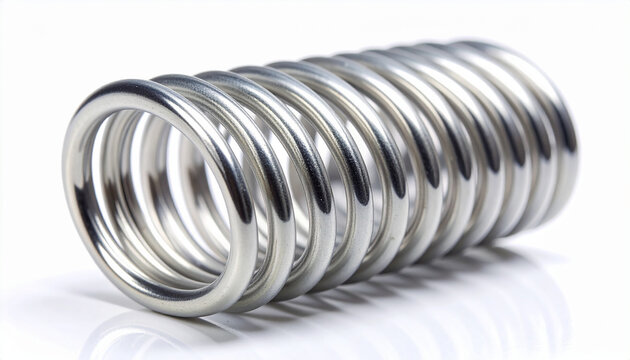 Silver spring coil against clean white backdrop, metallic texture, minimalistic composition.