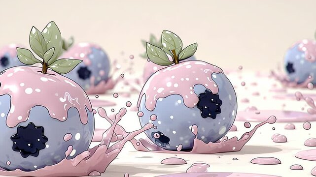 Pink glazed strawberries with blueberry patterns arranged on white surface in soft studio light creating playful sweet atmosphere Concept of modern dessert design