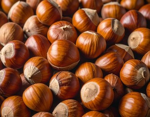 Obraz premium Close-up of a pile of freshly harvested nuts, their smooth, brown shells catching the light. The composition is dense and inviting