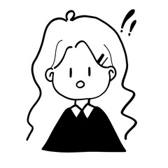 Cute hand drawn line art illustration of a shocked girl with exclamation marks