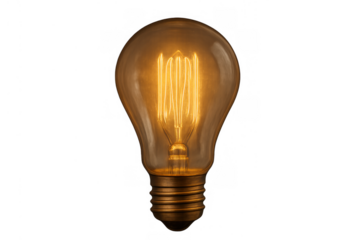 Vintage edison style light bulb providing warm glowing light, symbolizing ideas, innovation, and electricity with a transparent background