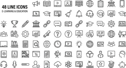 Modern e-learning and education line icons set featuring digital learning symbols, academic tools, online study elements, communication signs, technology concepts