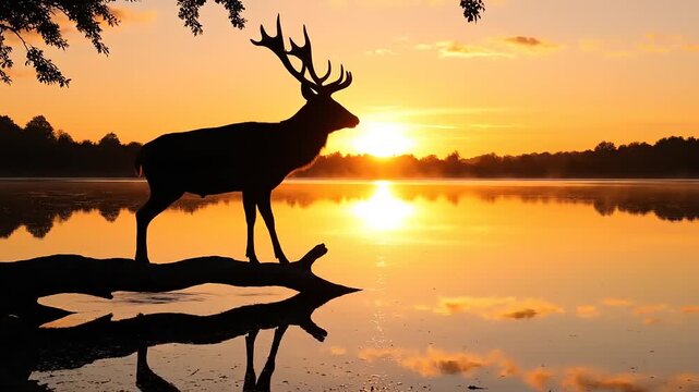 Majestic Stag Deer Silhouette at Golden Sunrise by Tranquil Lake. Serene Wildlife Scenery with Reflection in Water. Cinemagraph Loop.