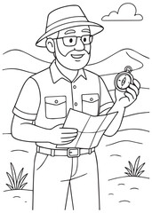 Coloring book Father archaeologist holding compass and checking map outdoors