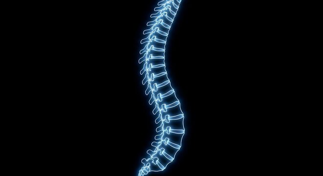 Digital rendering of a glowing blue human spine on a black background, illustrating anatomy and medical imaging concepts.