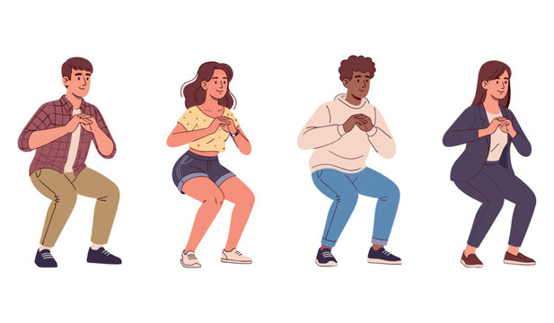 Diverse group of people demonstrating squat exercise techniques