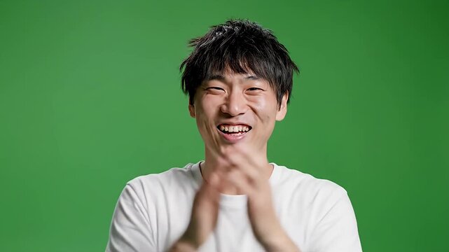 Thrilled Young Asian Man Cheering and Waving Hands Ecstatically Energetic Male Celebrating Success with a Joyful Expression on Green Screen Chroma Key Studio