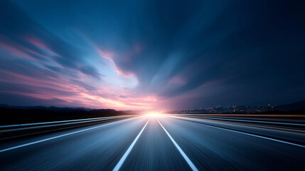 Night highway blurring into dawn transition, motion blur photography, time passage visualization, darkness to light concept, long exposure technique, travel journey symbolism, atmo