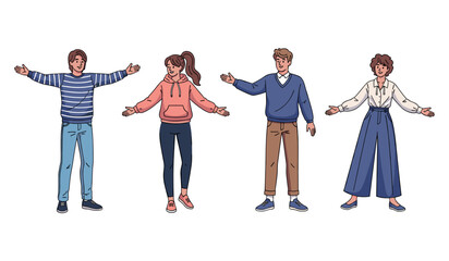 Naklejka premium Diverse animated characters in casual clothing with open arms on white background