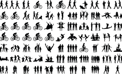 Large Collection of People Silhouettes in Diverse Actions: Cycling, Walking, Celebrating, Dancing, Lying, Standing, and Various Sport and Leisure Poses.