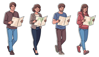 Diverse group of young adults reading maps