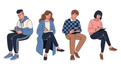 Diverse group of young adults taking notes: casual fashion and focused expressions