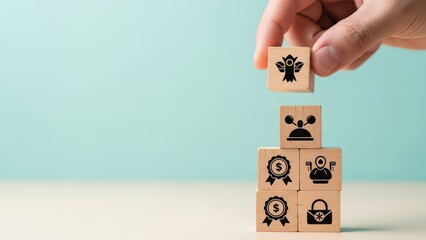 Building a career foundation with wooden blocks and symbolic icons