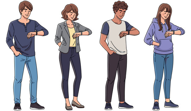 Diverse group of young individuals checking time on smartwatches