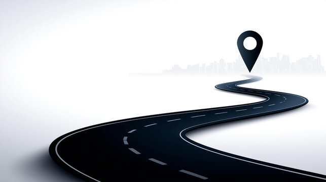 Dark winding road silhouette ascending into illustrated location marker icon, white background isolation, navigation concept, destination symbolism, journey visualization, GPS mapp