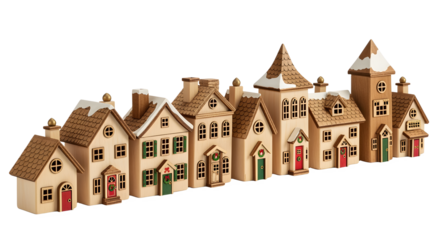 Charming row of miniature snow-dusted houses evokes a cozy winter village scene.