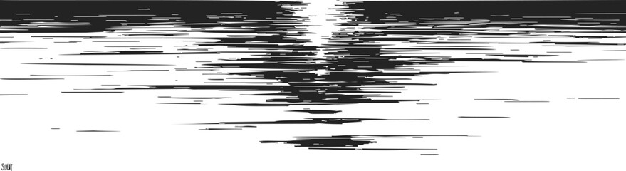 Sunset over water sketch, hand drawn black and white abstract landscape. Vector illustration