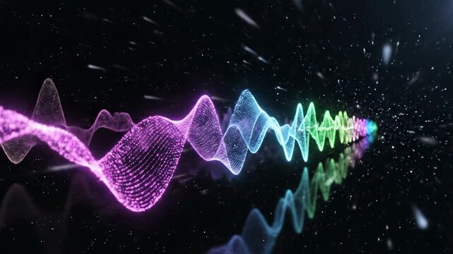 Continuous abstract animation of glowing digital sine waves undulating across a deep spatial field creating a visual waveform echo animation, digital, spatial