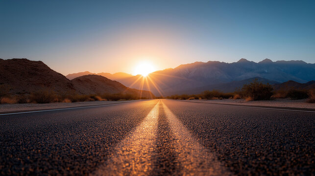 Golden hour sunset illuminating endless straight desert highway toward majestic mountain range, scenic road trip landscape, journey symbolism, freedom visualization, path forward c