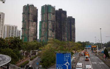 ruins of building after the fatal blaze in Tai Po, Hong Kong, remain of accident fire